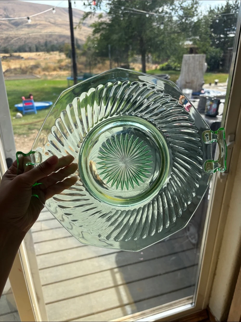 Vintage Green Glass Serving Tray with Handles